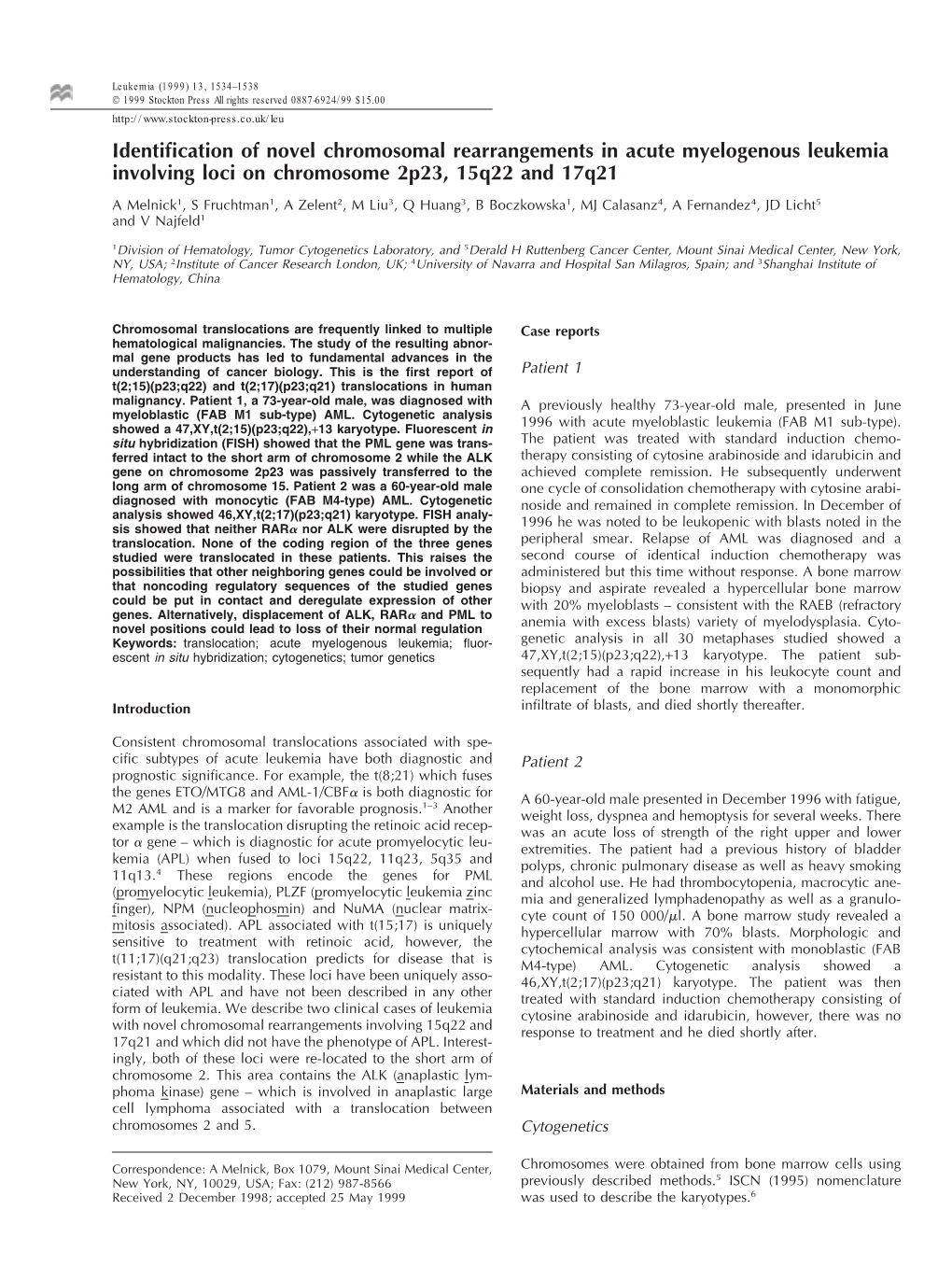 Identification of Novel Chromosomal Rearrangements in Acute