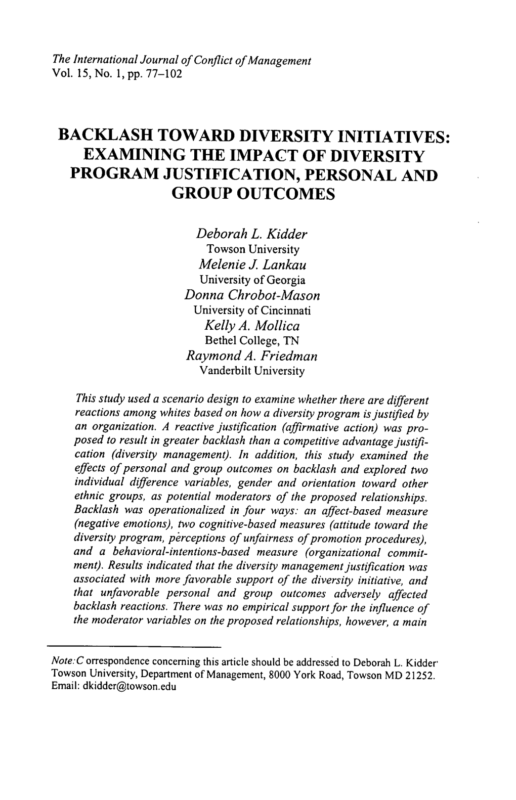 Backlash Toward Diversity Initiatives: Examining the Impact of Diversity Program Justification, Personal and Group Outcomes