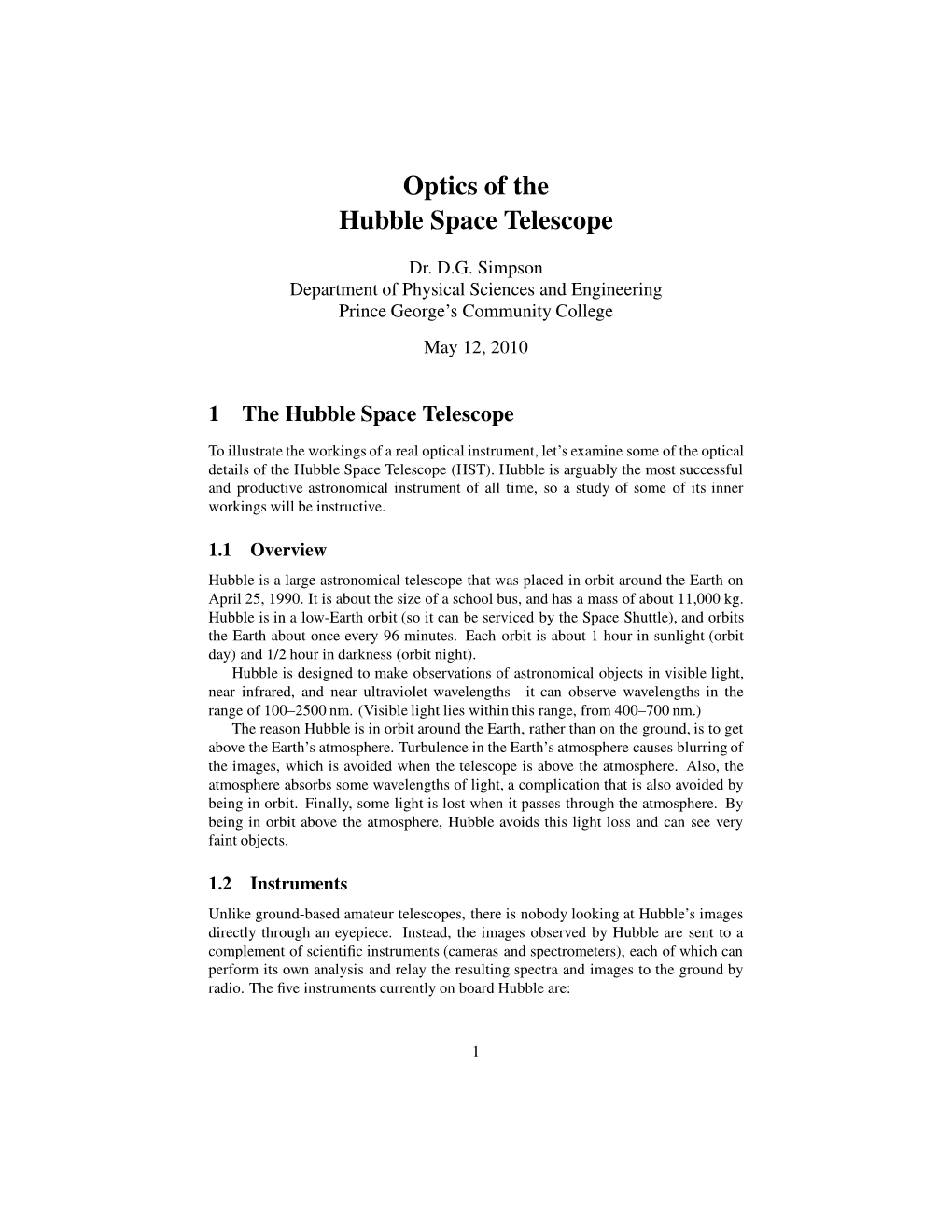 Optics of the Hubble Space Telescope