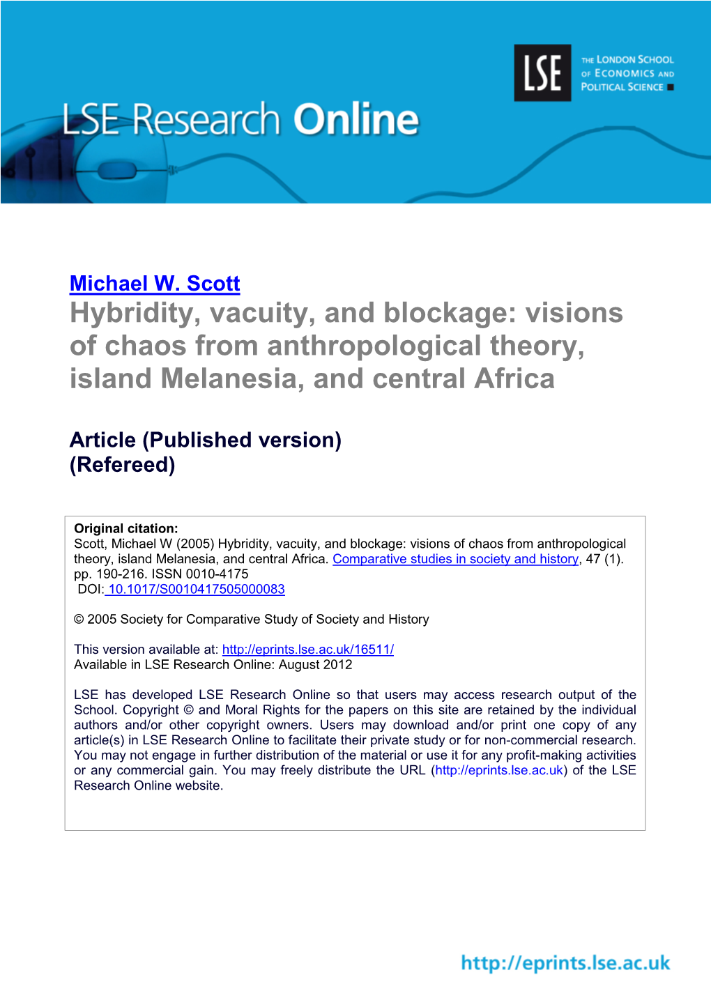 Hybridity, Vacuity, and Blockage: Visions of Chaos from Anthropological Theory, Island Melanesia, and Central Africa