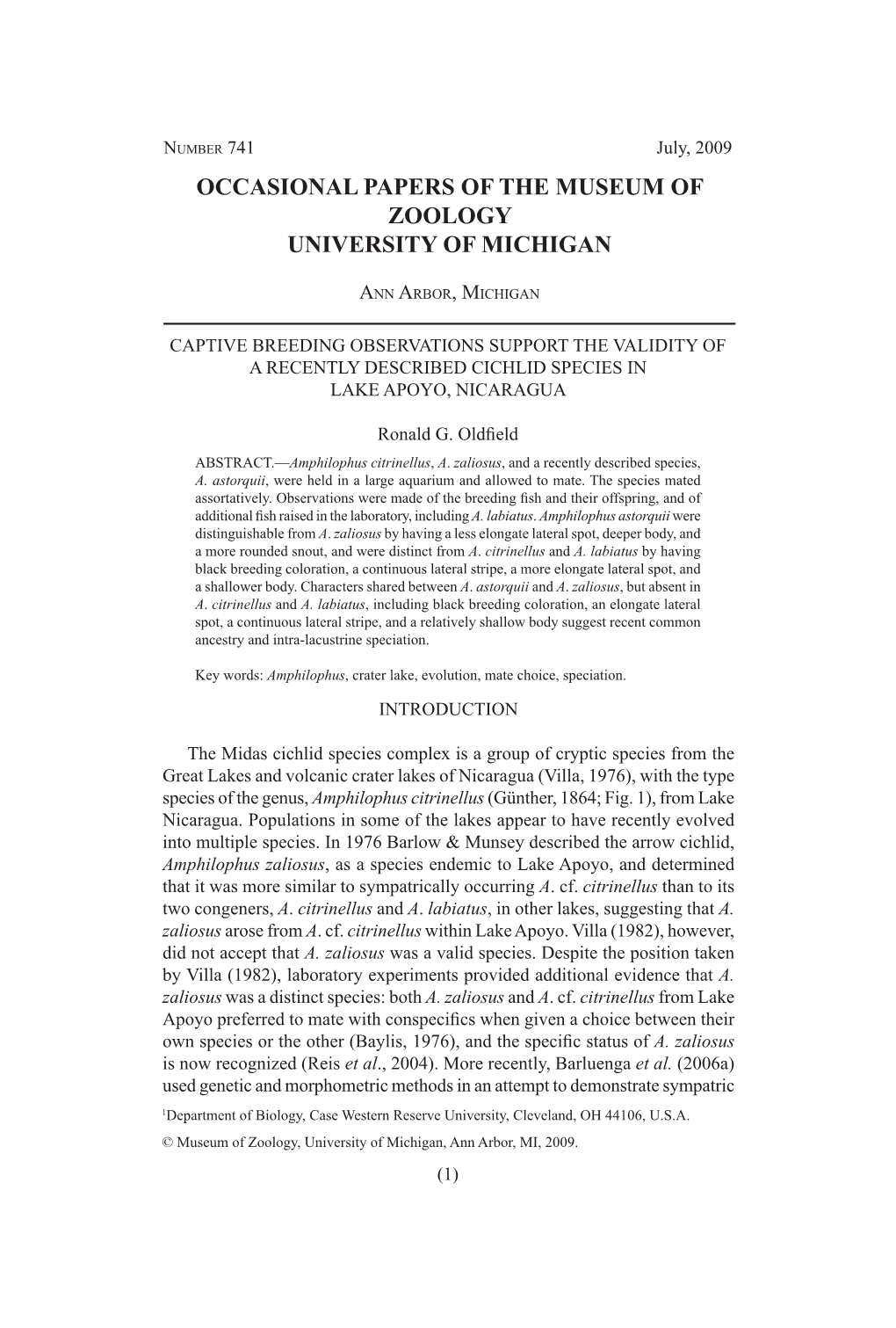 Occasional Papers of the Museum of Zoology University of Michigan