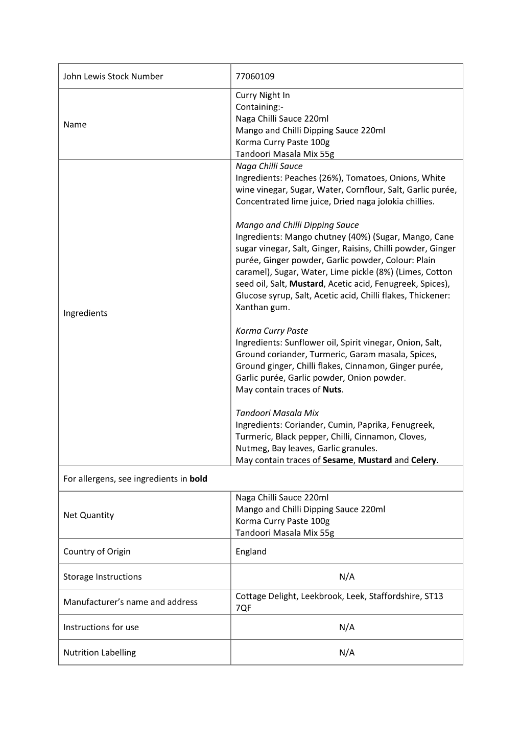 John Lewis Stock Number 77060109 Name Curry Night in Containing