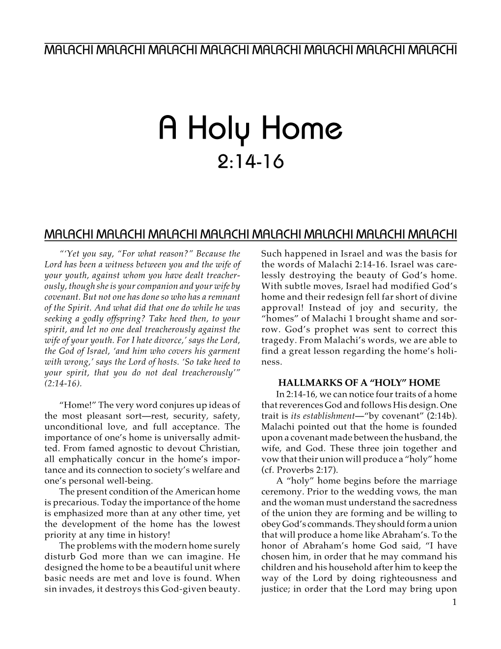 A Holy Home (Malachi 2:14-16)