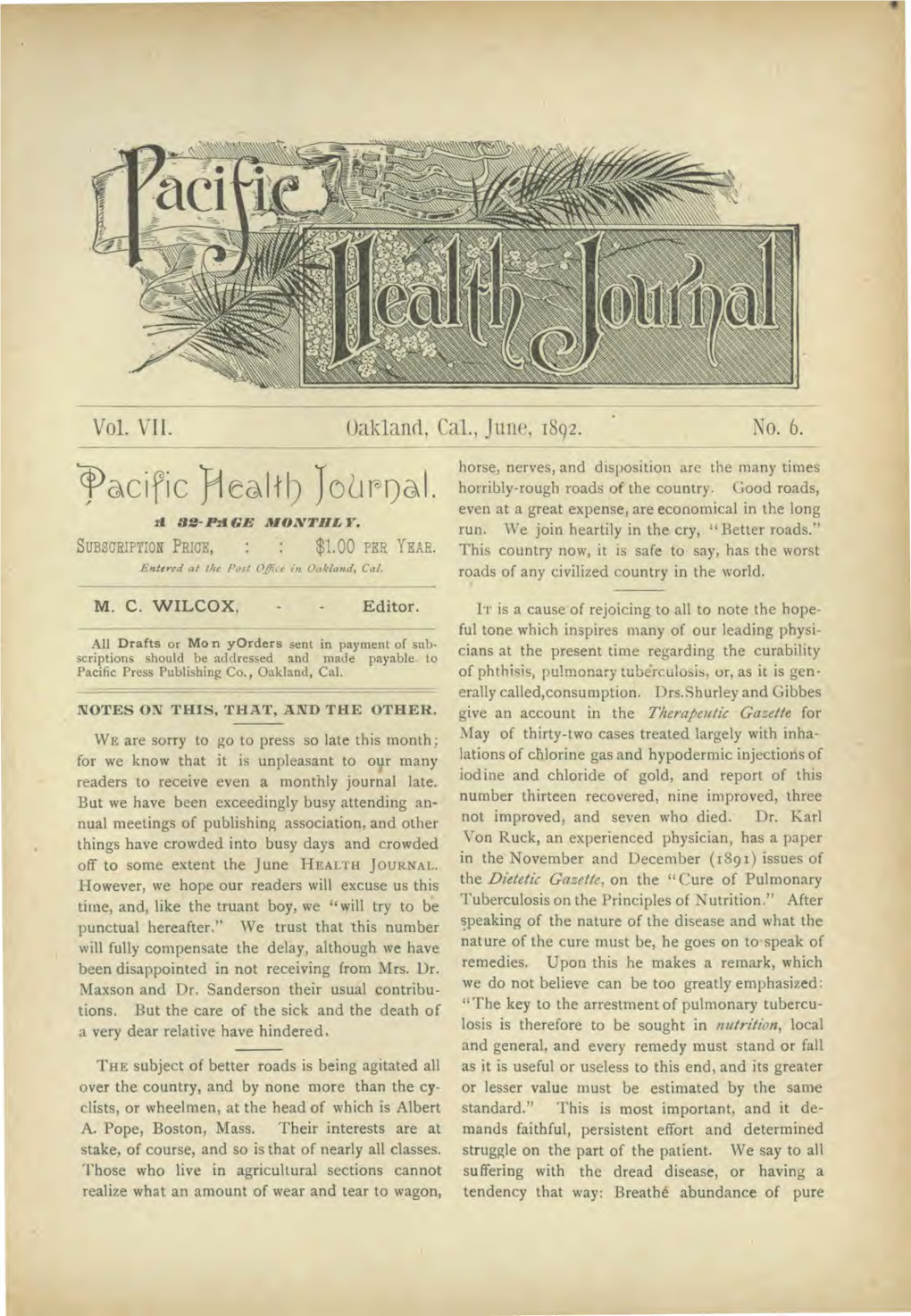 The Pacific Health Journal and Temperance Advocate for 1892