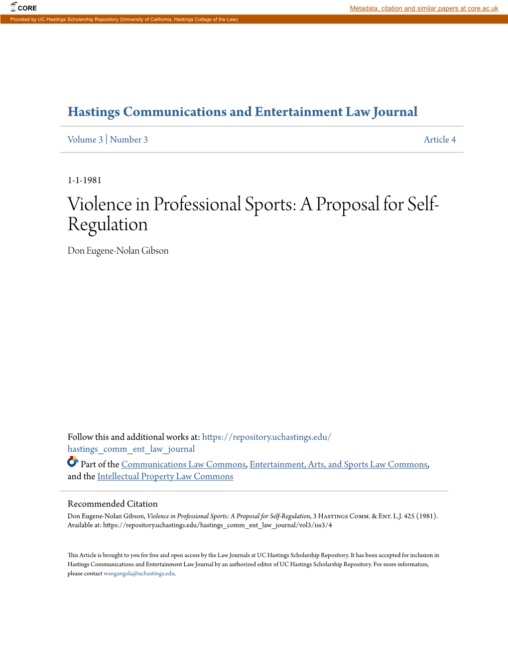 Violence in Professional Sports: a Proposal for Self- Regulation Don Eugene-Nolan Gibson