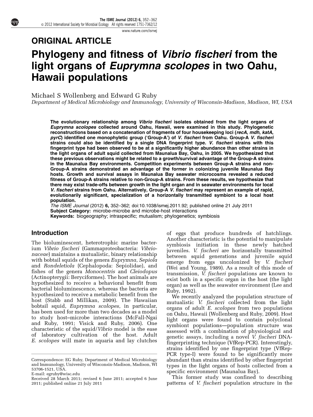 Phylogeny and Fitness of Vibrio Fischeri from the Light Organs of Euprymna Scolopes in Two Oahu, Hawaii Populations