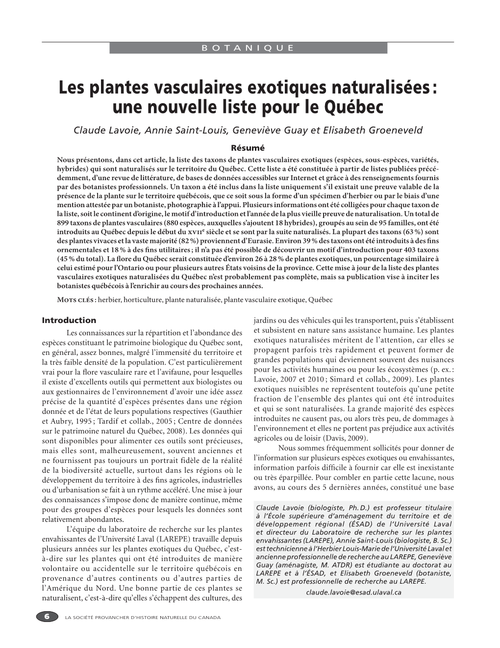 Les Plantes Vasculaires Exotiques Naturalisées : Une Nouvelle Liste Pour Le Québec Claude Lavoie, Annie Saint-Louis, Geneviève Guay Et Elisabeth Groeneveld