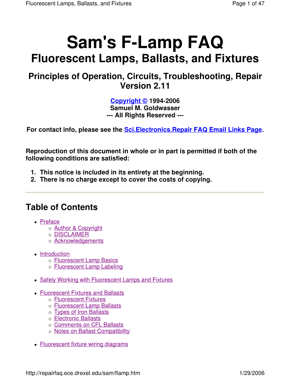 Sam's F-Lamp FAQ Fluorescent Lamps, Ballasts, and Fixtures Principles of Operation, Circuits, Troubleshooting, Repair Version 2.11