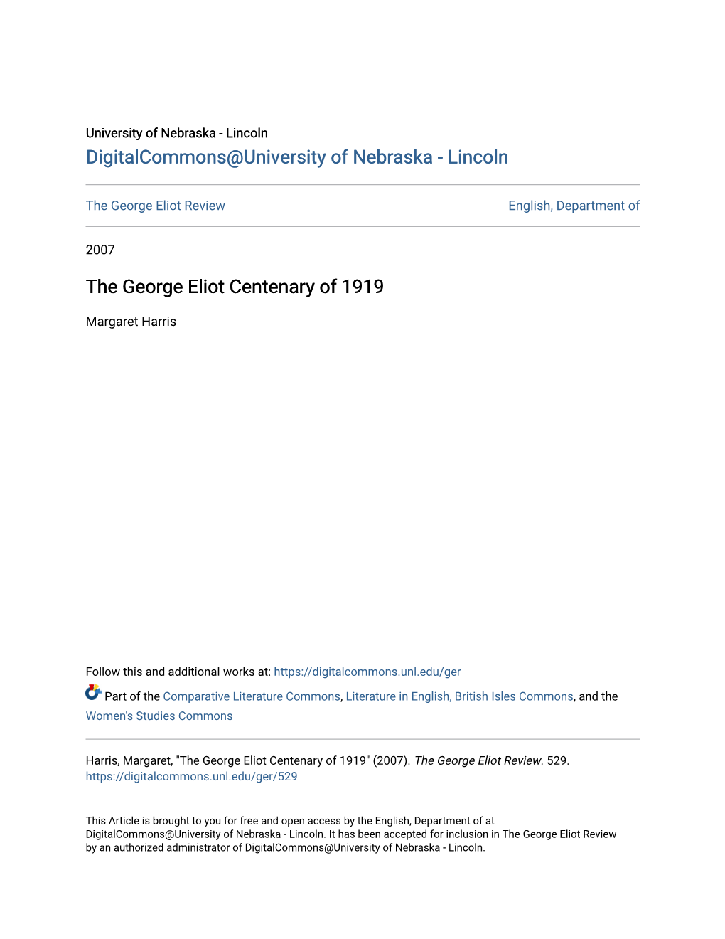 The George Eliot Centenary of 1919
