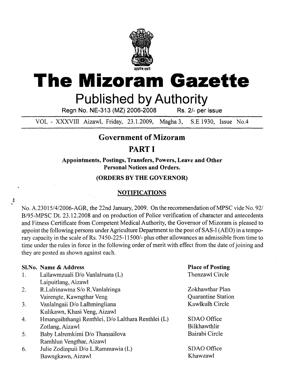 The Mizoram Gazette Published by Authority Regn No