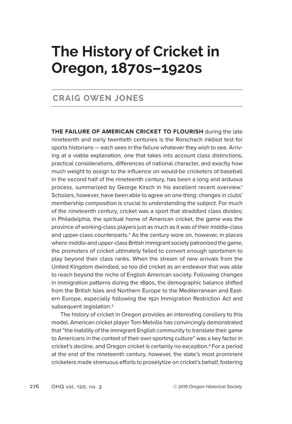 The History of Cricket in Oregon, 1870S–1920S