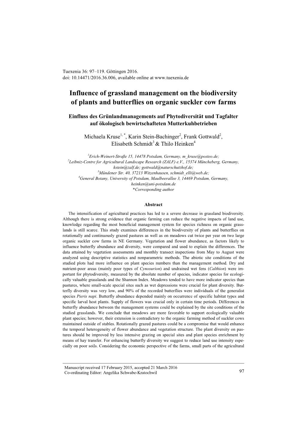 Influence of Grassland Management on the Biodiversity of Plants and Butterflies on Organic Suckler Cow Farms