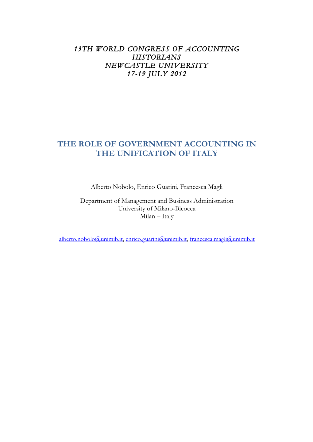 The Role of Government Accounting in the Unification of Italy