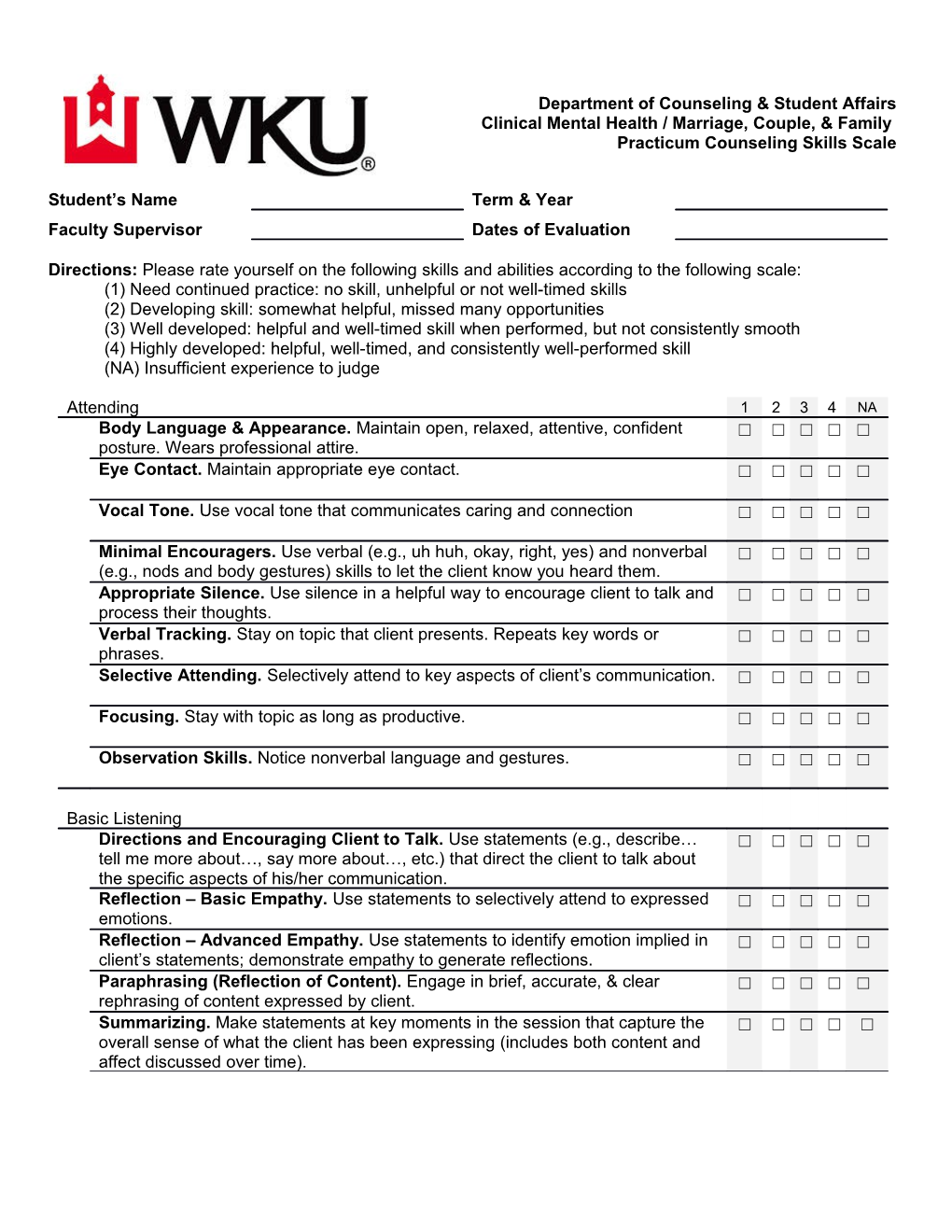 Practicum Counseling Skills Scale Revised 5/12/2015