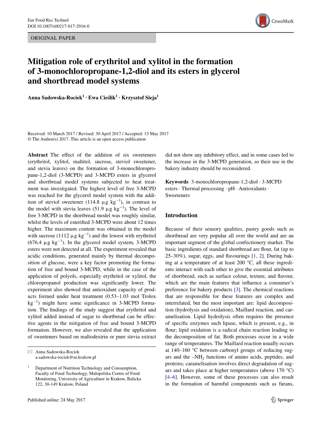 Mitigation Role of Erythritol and Xylitol in the Formation of 3‑Monochloropropane‑1,2‑Diol and Its Esters in Glycerol and Shortbread Model Systems