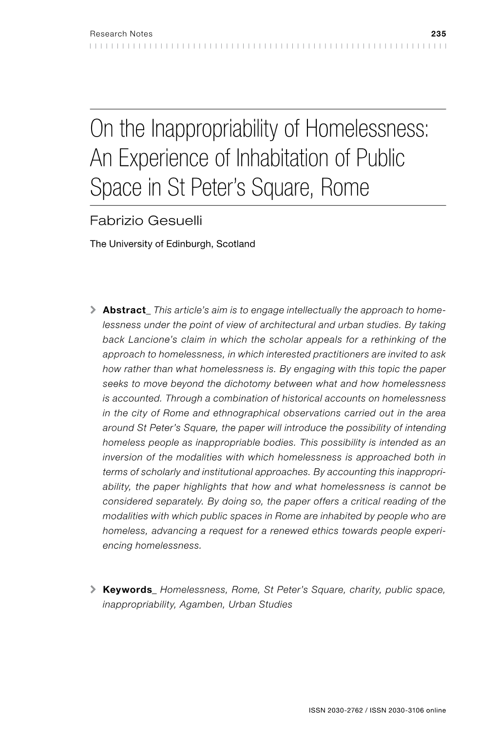 On the Inappropriability of Homelessness: an Experience of Inhabitation of Public Space in St Peter’S Square, Rome Fabrizio Gesuelli