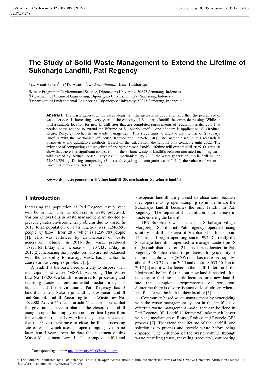 The Study of Solid Waste Management to Extend the Lifetime of Sukoharjo Landfill, Pati Regency