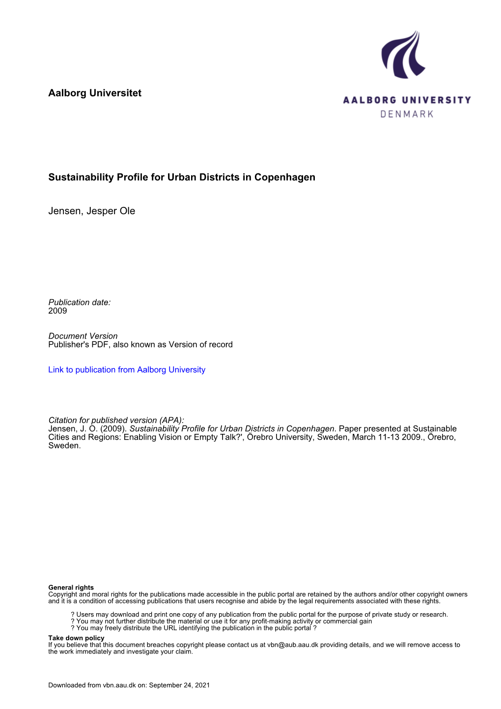 Sustainability Profile for Urban Districts in Copenhagen