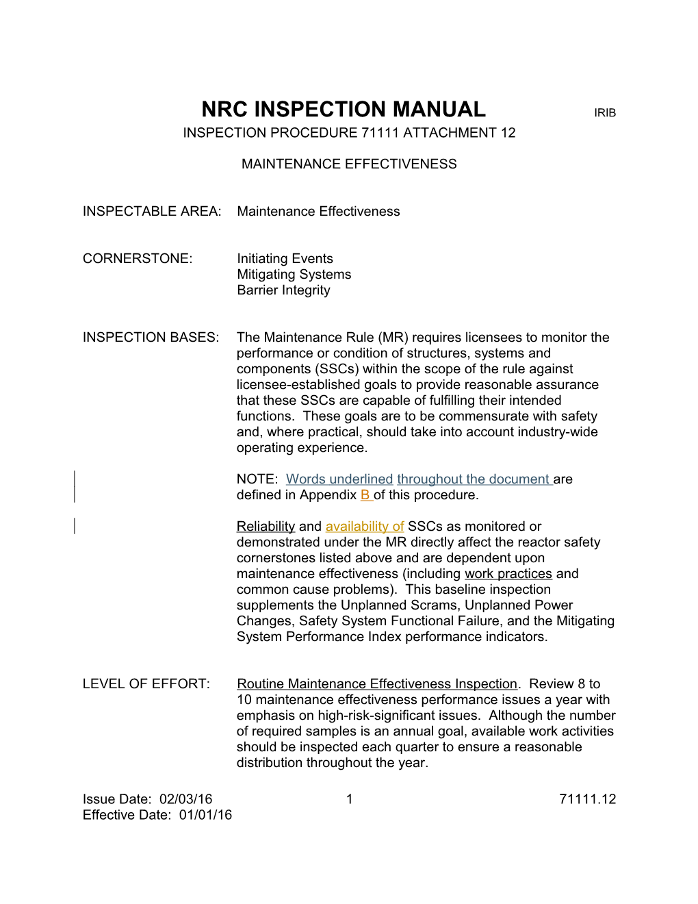 Nrc Inspection Manual Irib s1