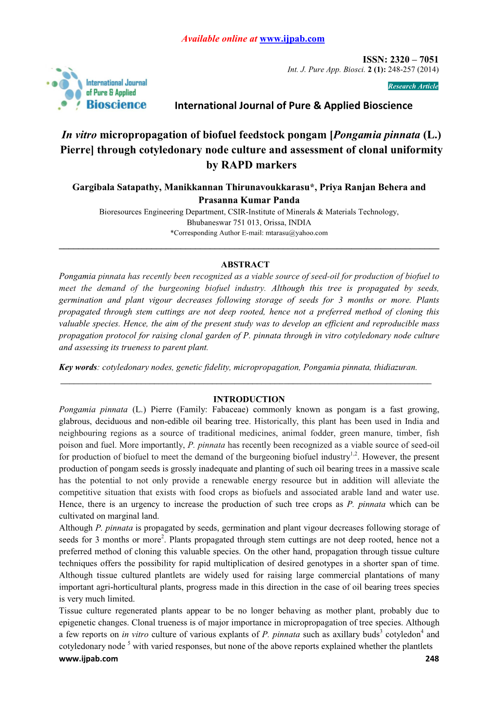 In Vitro Micropropagation of Biofuel Feedstock Pongam [Pongamia Pinnata (L.) Pierre] Through Cotyledonary Node Culture and Asses