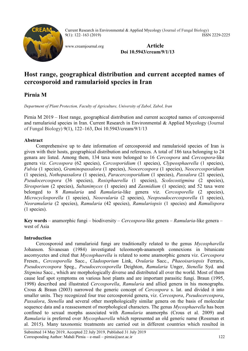 Host Range, Geographical Distribution and Current Accepted Names of Cercosporoid and Ramularioid Species in Iran