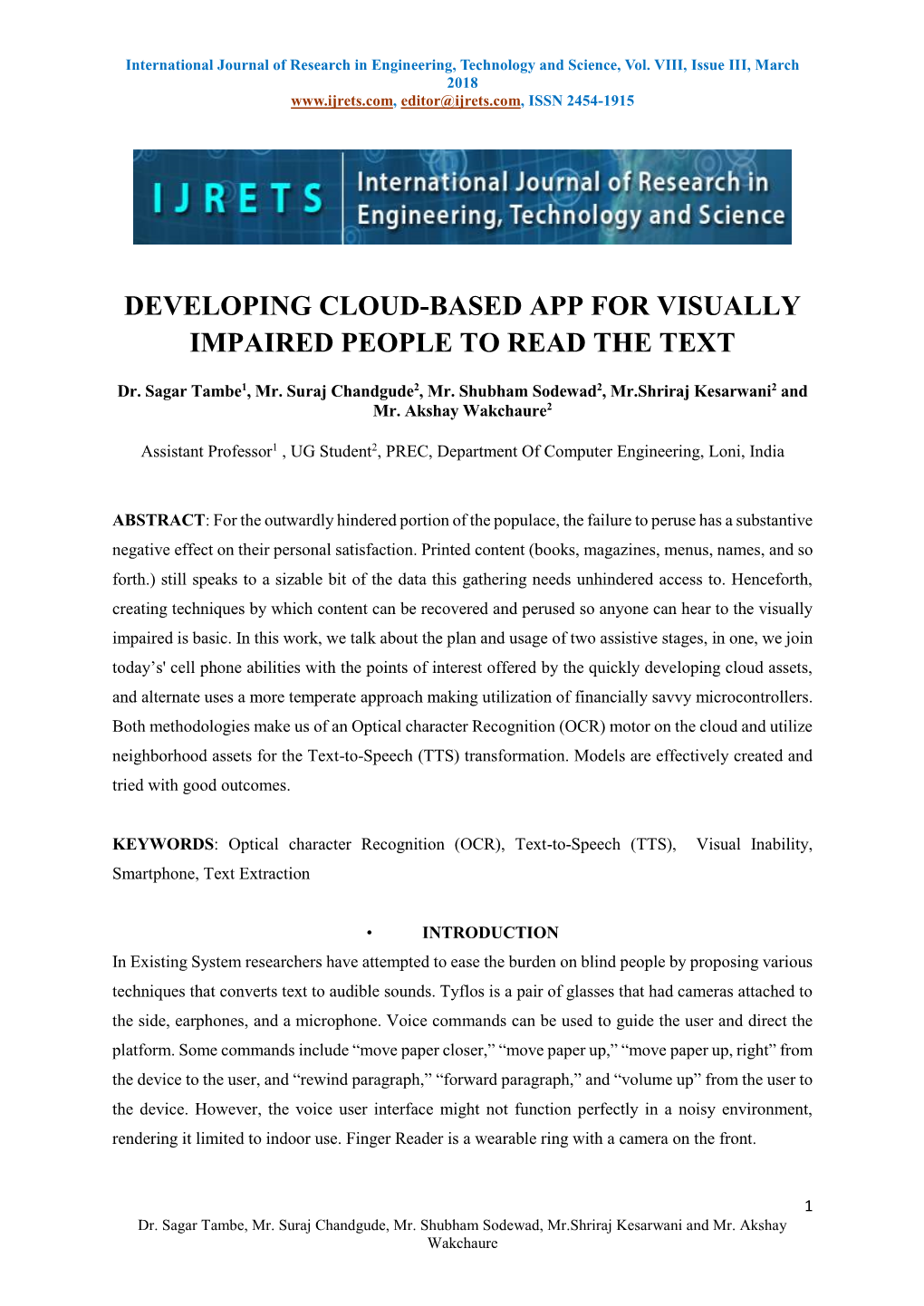 Developing Cloud-Based App for Visually Impaired People to Read the Text