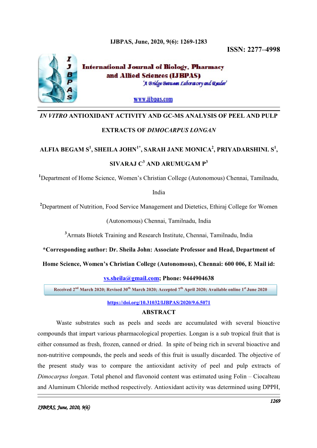 In Vitro Antioxidant Activity and Gc-Ms Analysis of Peel and Pulp