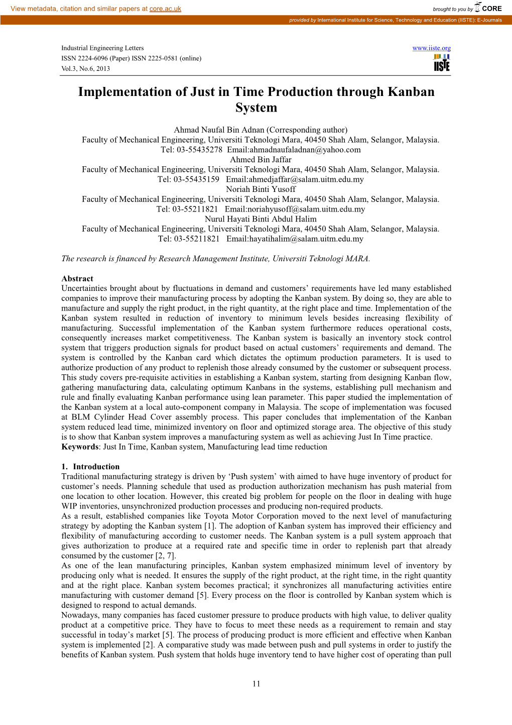 Implementation of Just in Time Production Through Kanban System