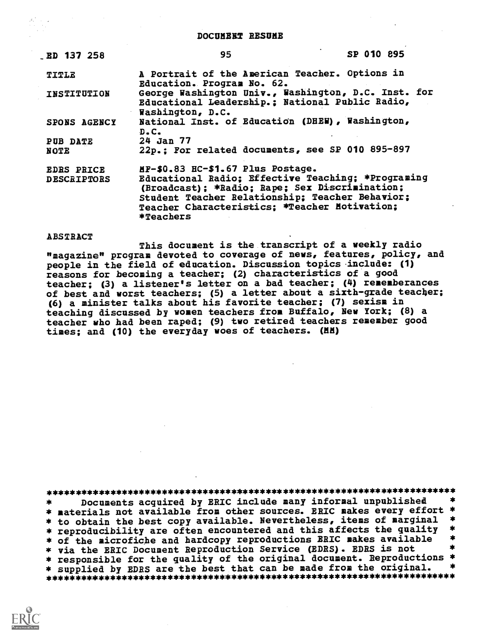 DOCUMENT RESUME ED 137 258 SP 010 895 TITLE a Portrait of The