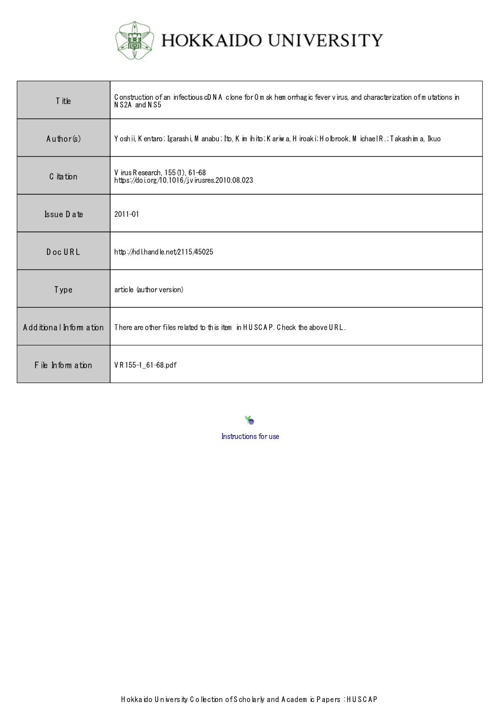 Construction of an Infectious Cdna Clone for Omsk Hemorrhagic Fever Virus, and Characterization of Mutations in Title NS2A and NS5