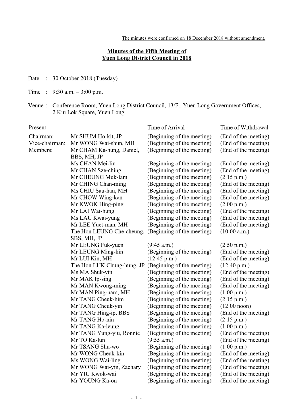 Minutes of the Fifth Meeting of Yuen Long District Council in 2018 Date