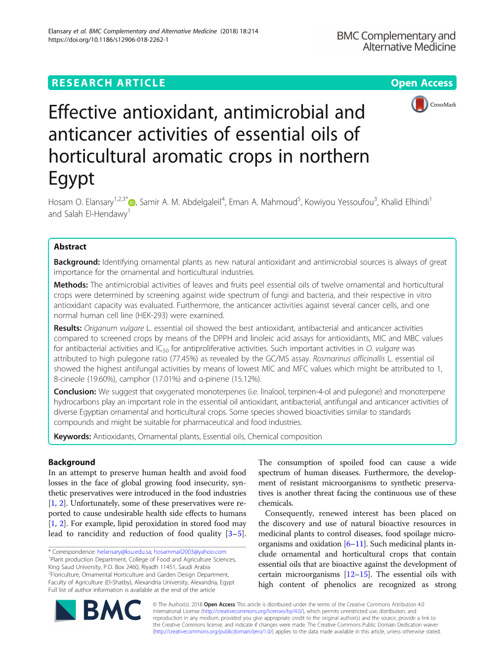 Effective Antioxidant, Antimicrobial and Anticancer Activities of Essential Oils of Horticultural Aromatic Crops in Northern Egypt Hosam O