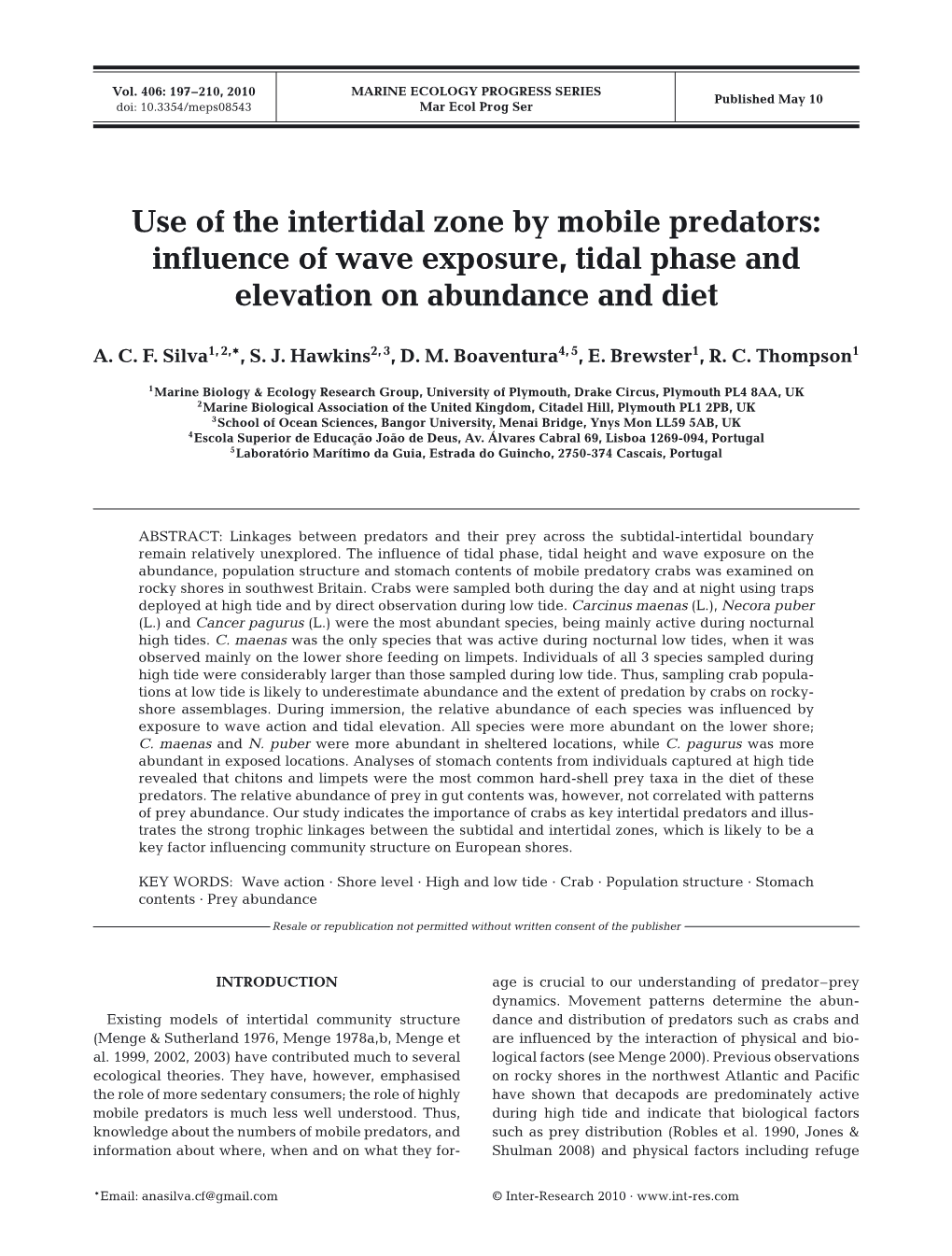 Use of the Intertidal Zone by Mobile Predators: Influence of Wave Exposure, Tidal Phase and Elevation on Abundance and Diet