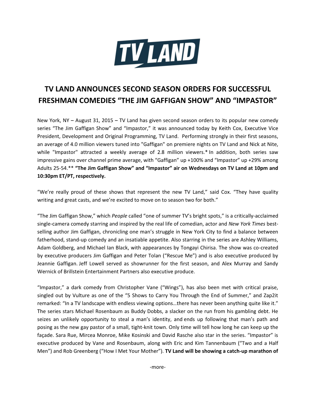 Tv Land Announces Second Season Orders for Successful Freshman Comedies “The Jim Gaffigan Show” and “Impastor”