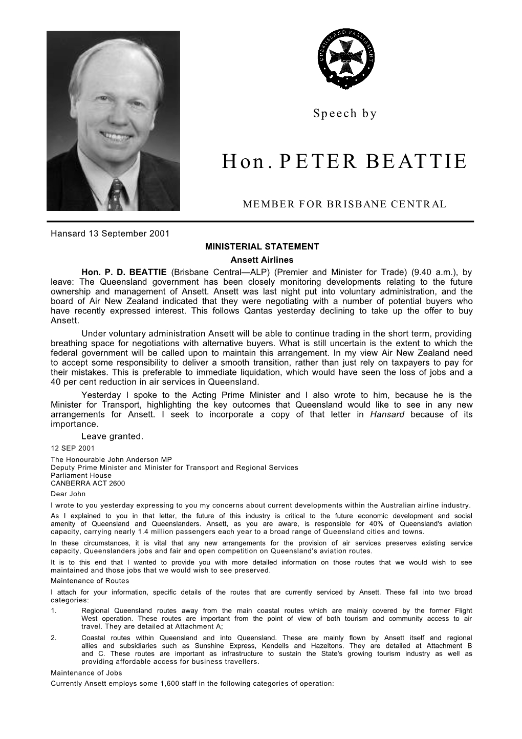 Hon. PETER BEATTIE