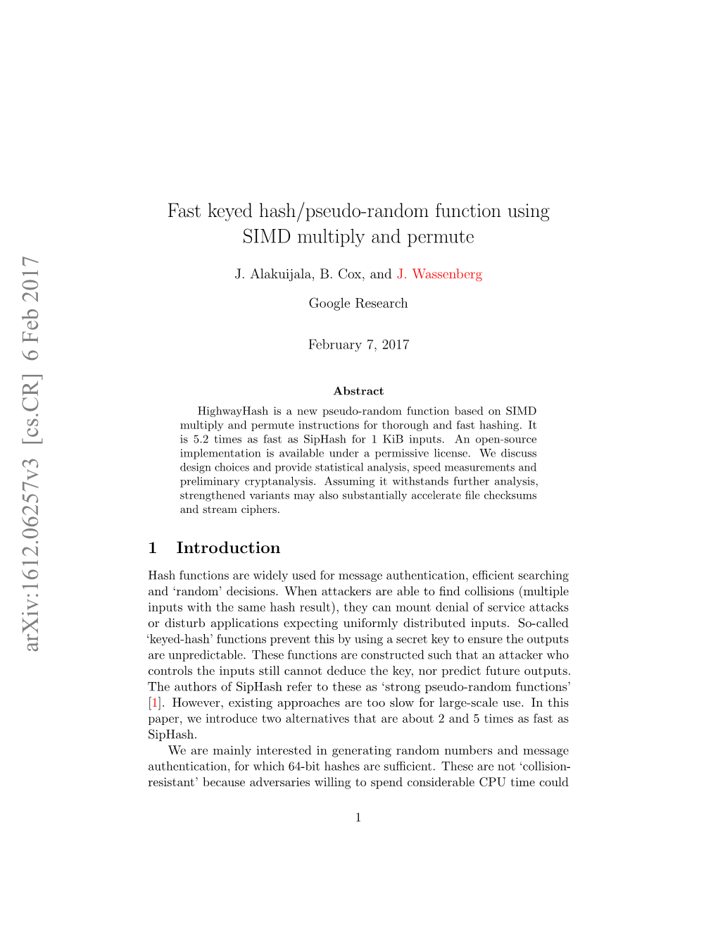 Fast Keyed Hash/Pseudo-Random Function Using SIMD Multiply and Permute