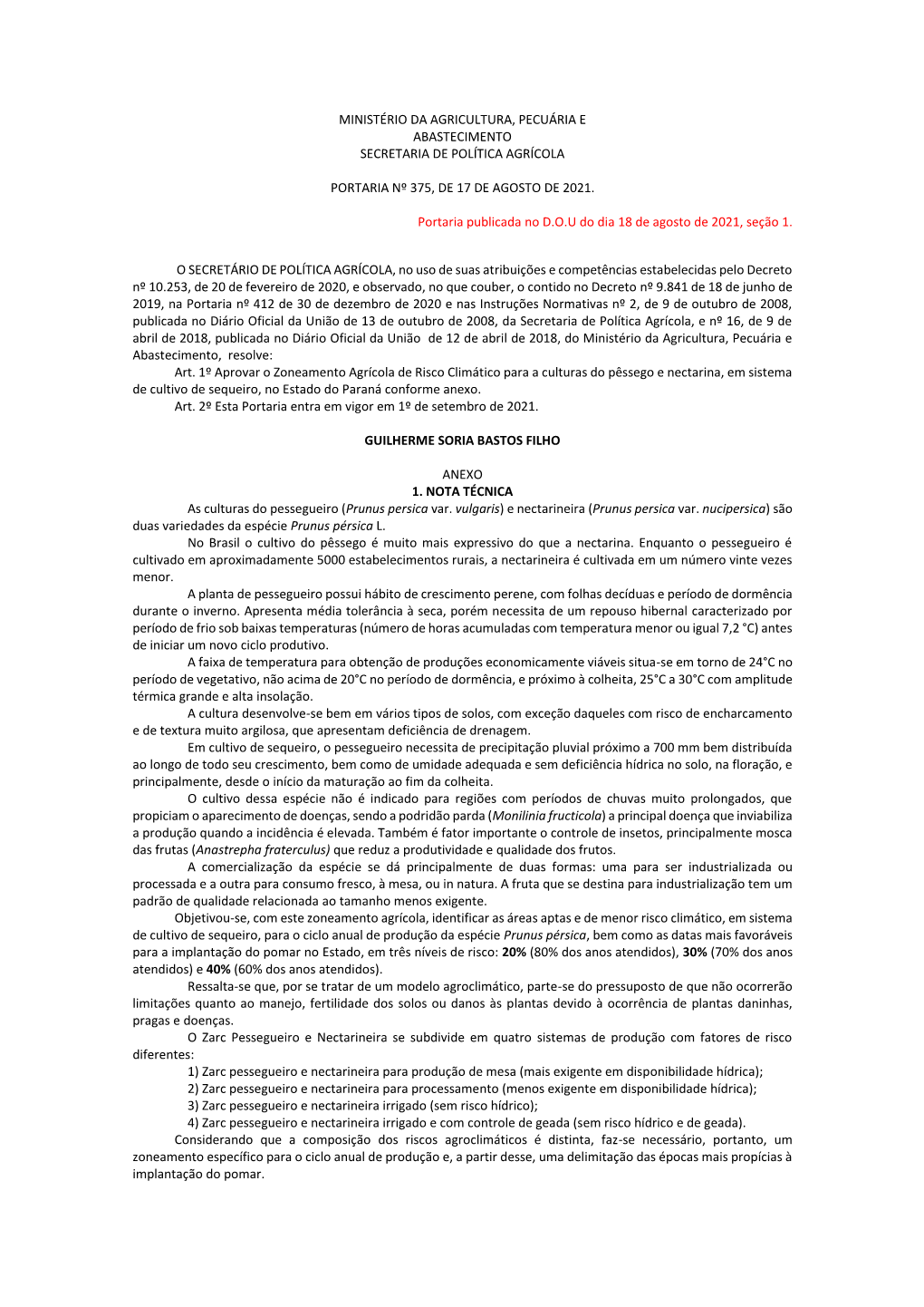 Ministério Da Agricultura, Pecuária E Abastecimento Secretaria De Política Agrícola