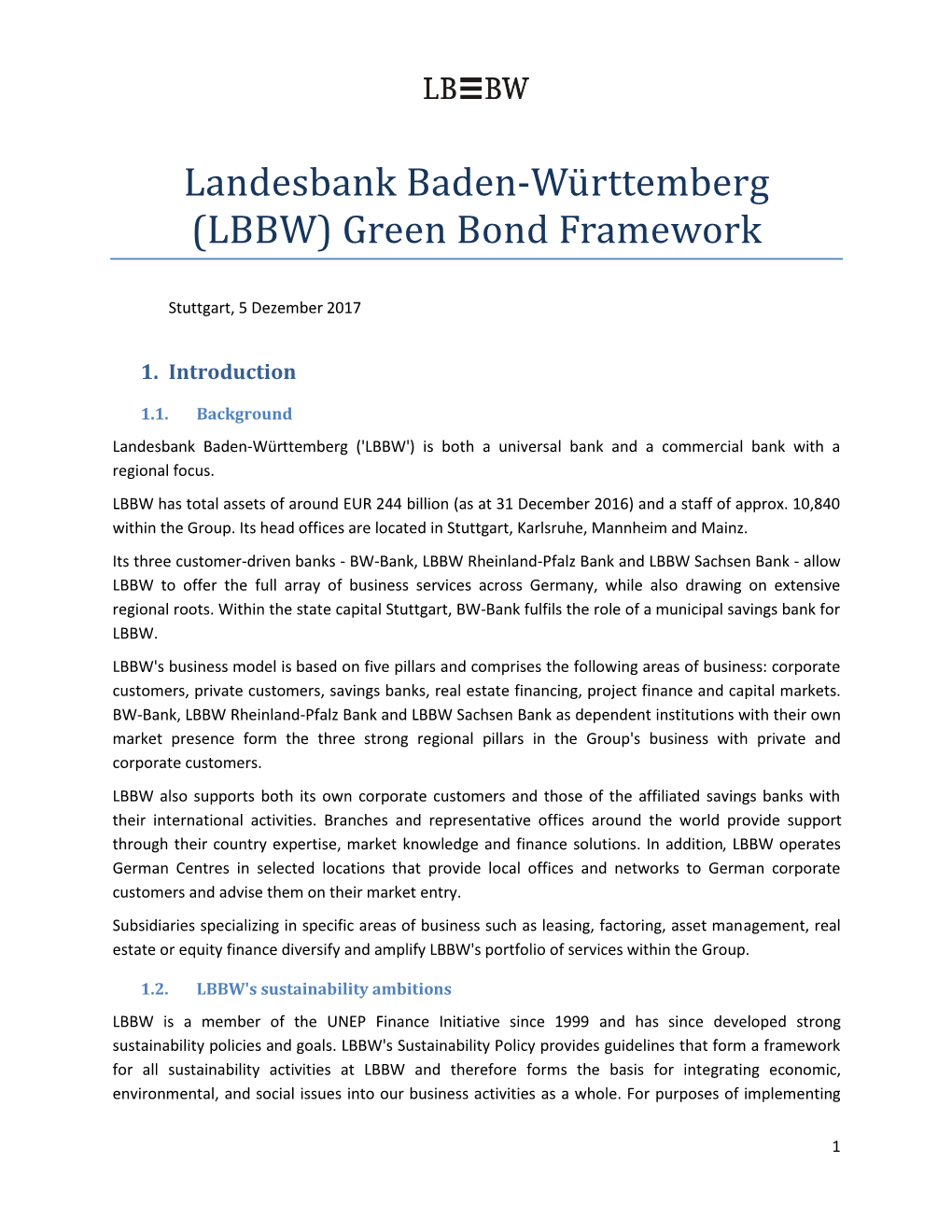 Landesbank Baden-Württemberg (LBBW) Green Bond Framework
