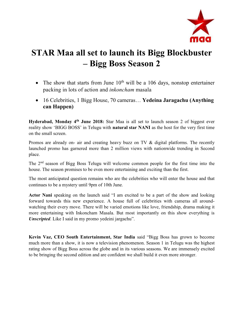 STAR Maa All Set to Launch Its Bigg Blockbuster – Bigg Boss Season 2