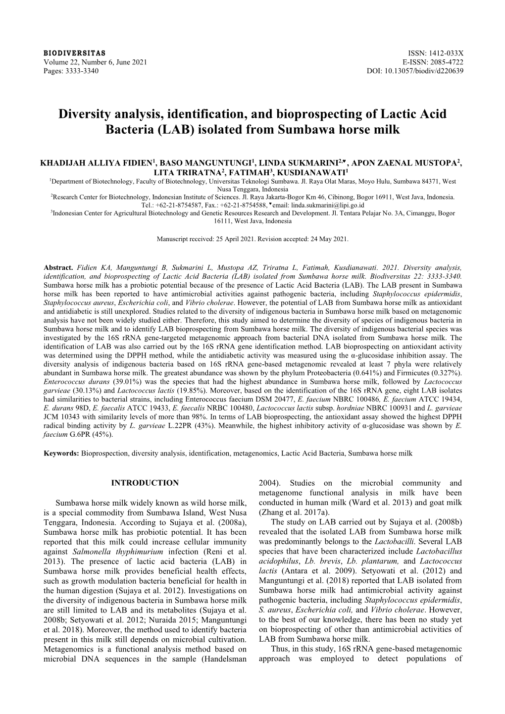 Diversity Analysis, Identification, and Bioprospecting of Lactic Acid Bacteria (LAB) Isolated from Sumbawa Horse Milk