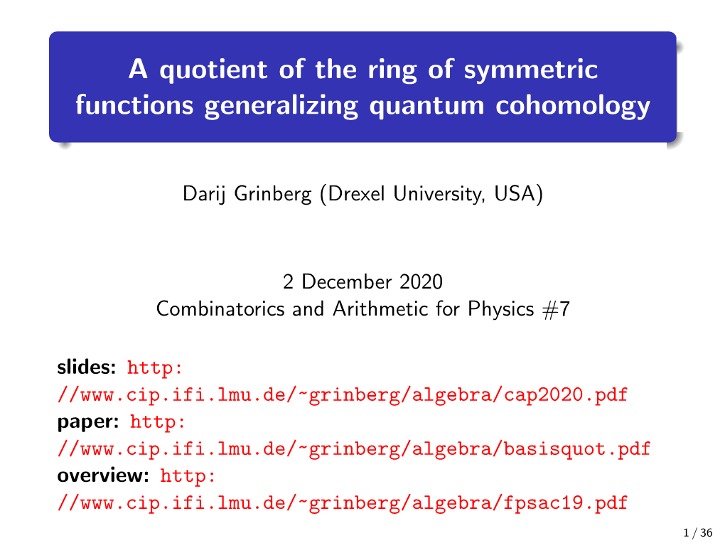 A Quotient of the Ring of Symmetric Functions Generalizing Quantum Cohomology