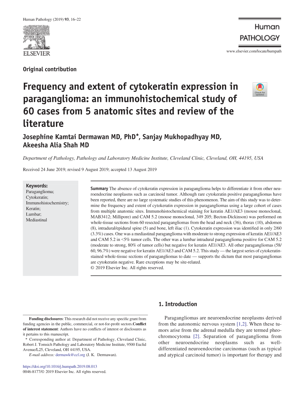 Frequency and Extent of Cytokeratin Expression in Paraganglioma: an Immunohistochemical Study of 60 Cases from 5 Anatomic Sites