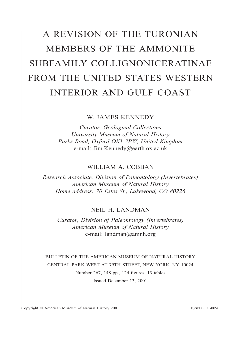 A Revision of the Turonian Members of the Ammonite Subfamily Collignoniceratinae from the United States Western Interior and Gulf Coast