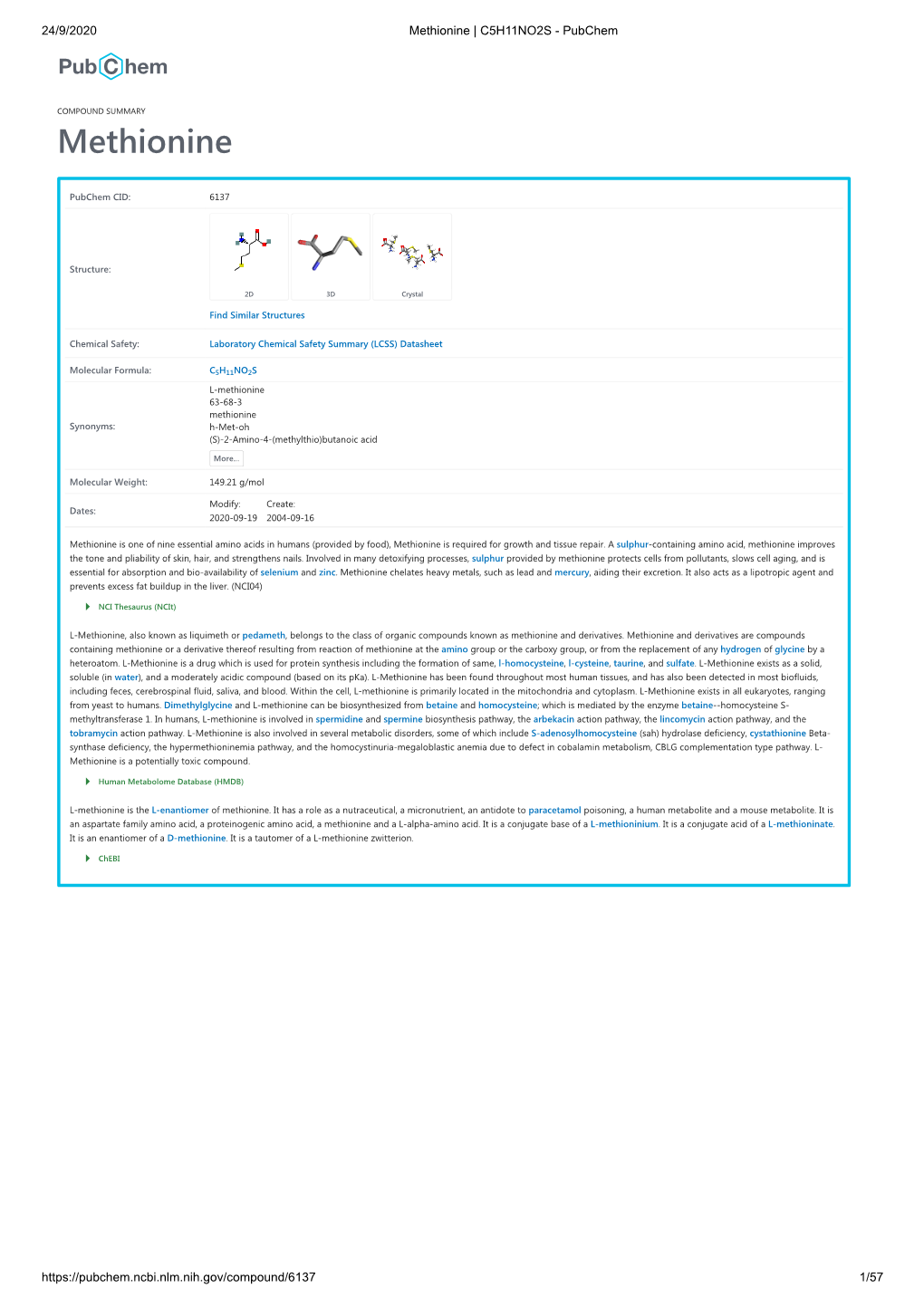 Methionine | C5H11NO2S - Pubchem