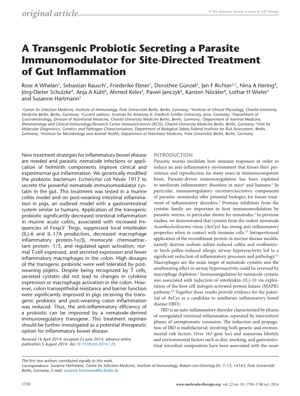 A Transgenic Probiotic Secreting a Parasite Immunomodulator for Site-Directed Treatment of Gut Inflammation