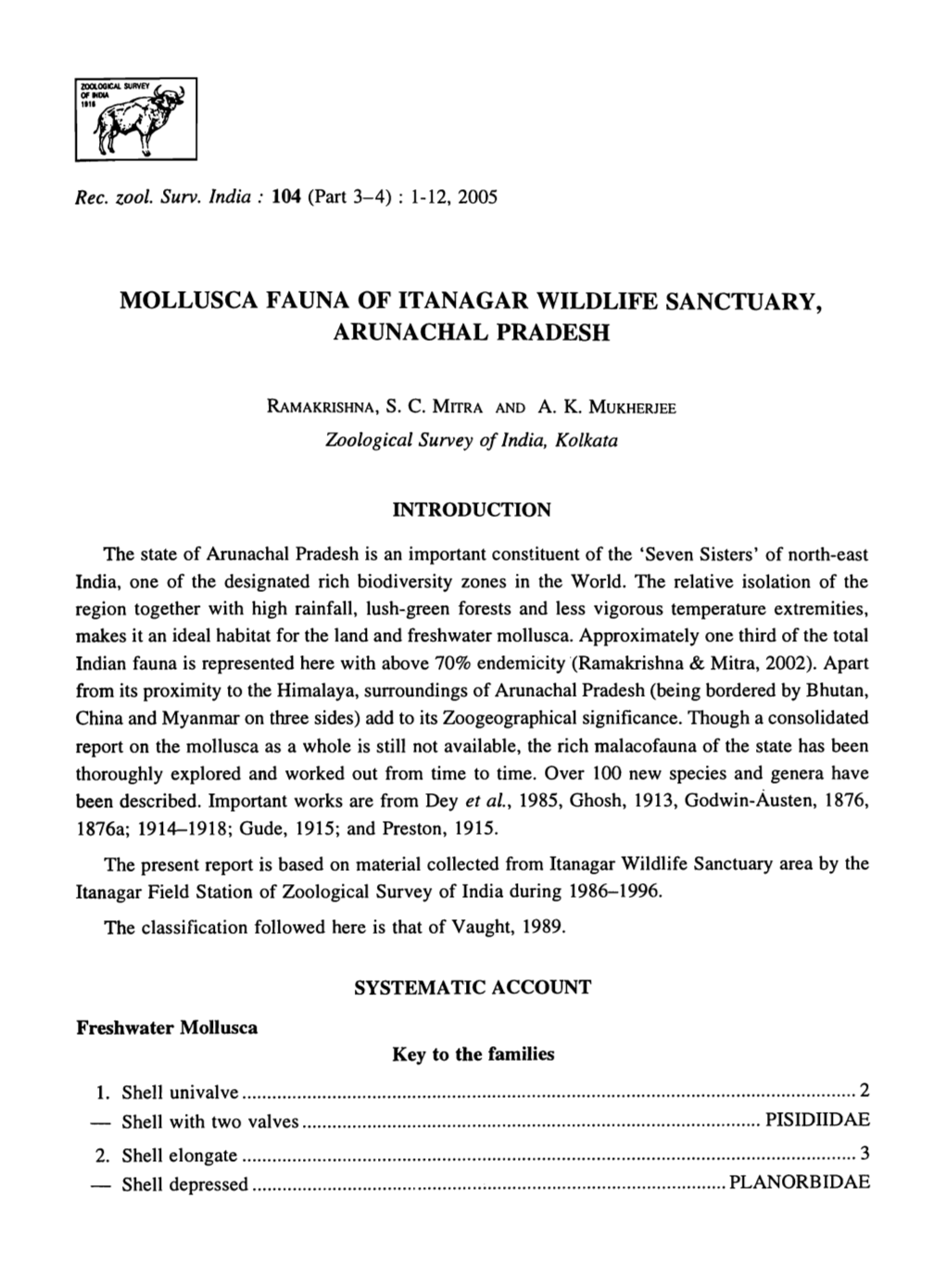 Mollusca Fauna of Itanagar Wildlife Sanctuary, Arunachal Pradesh