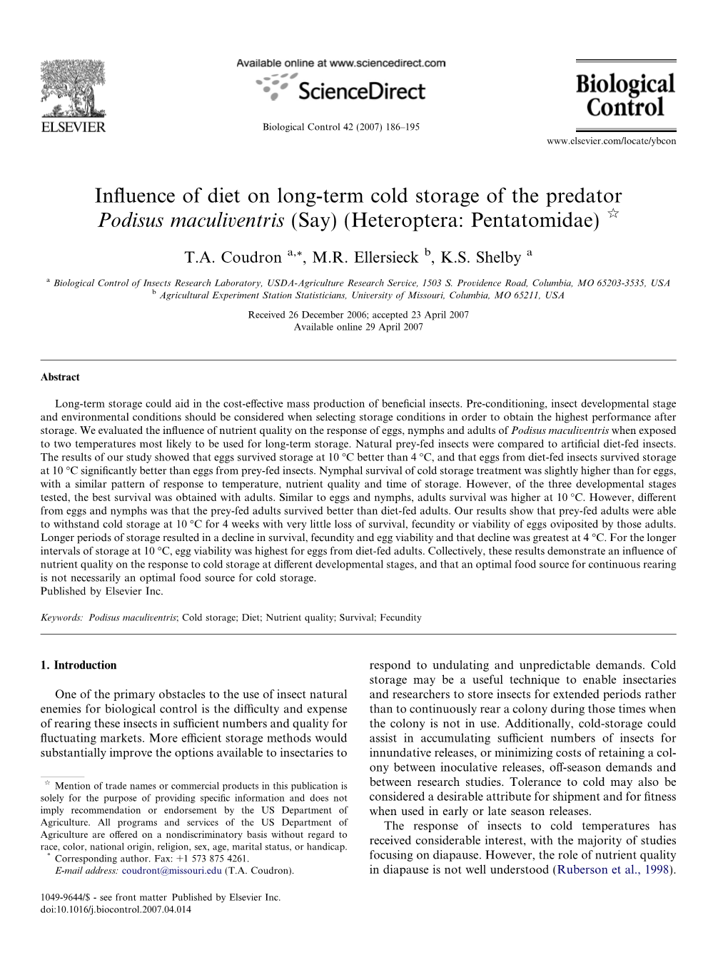 Influence of Diet on Long-Term Cold Storage of the Predator Podisus