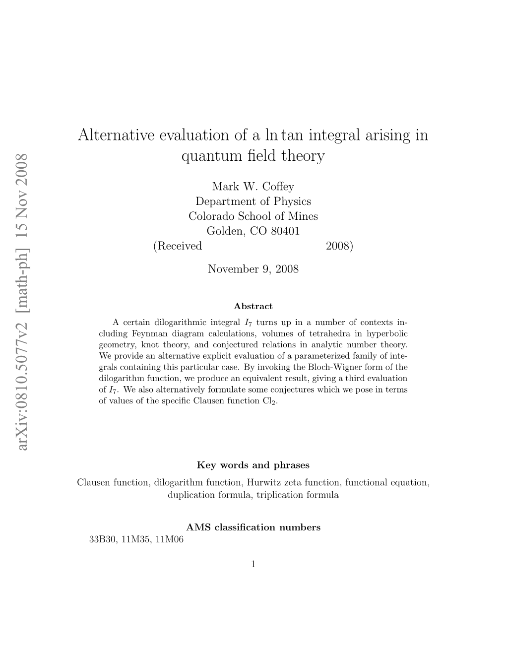 Alternative Evaluation of a Ln Tan Integral Arising in Quantum Field