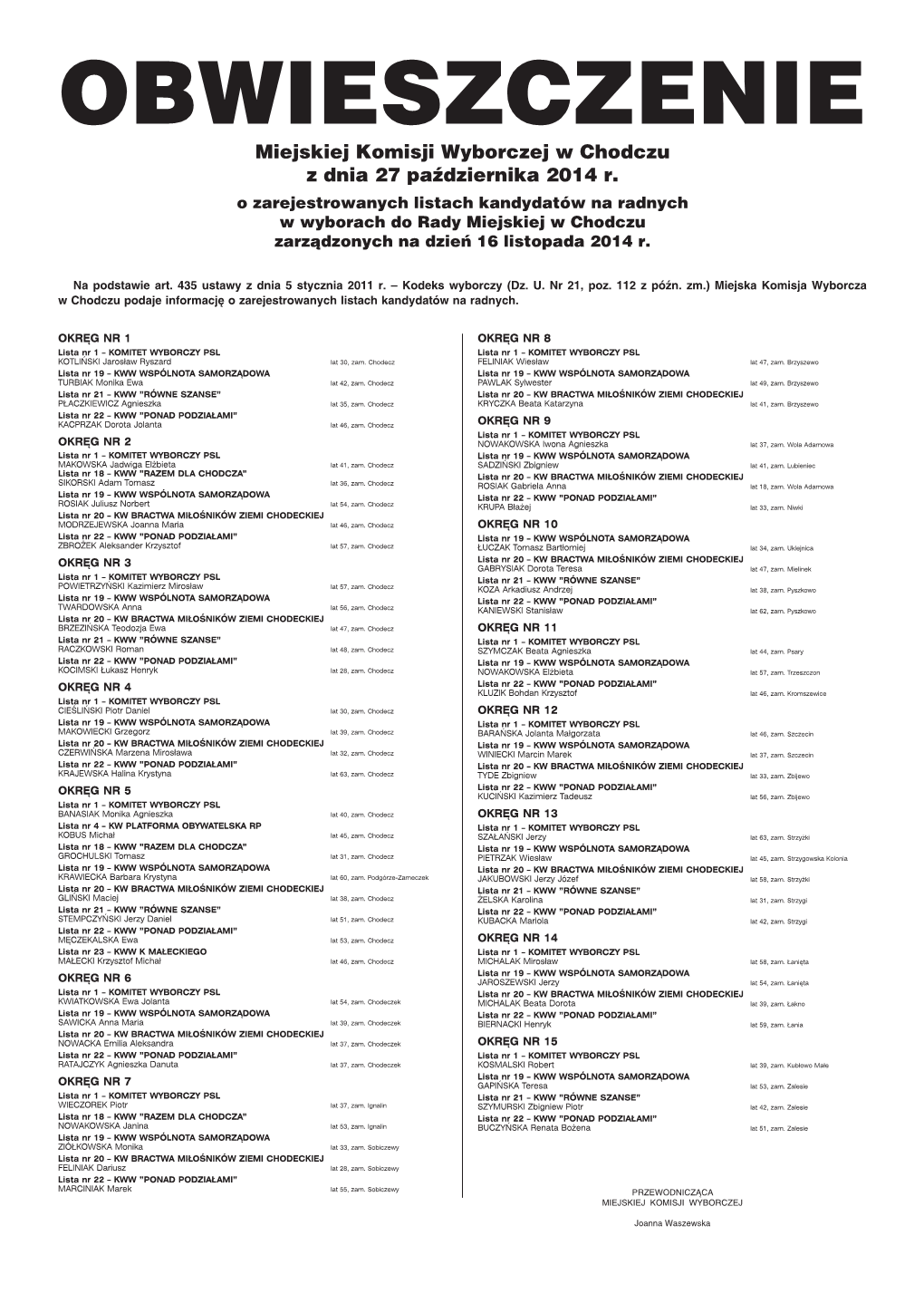 Miejskiej Komisji Wyborczej W Chodczu Z Dnia 27 Października 2014 R