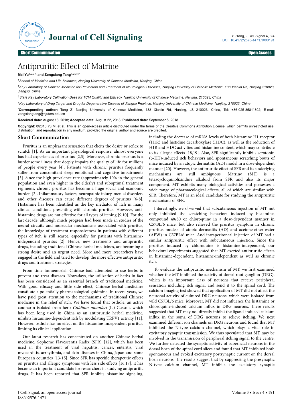 Antipruritic Effect of Matrine